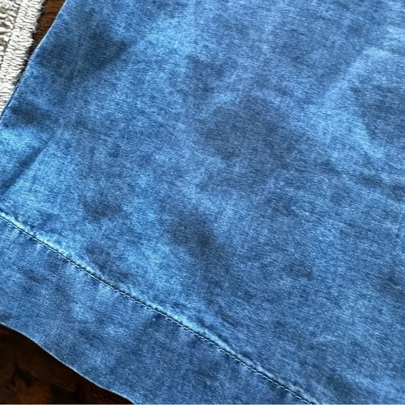 LOFT Blue Denim Chambray Mini Summer Shift Dress with ruffle sleeves & tassels - Picture 3 of 16